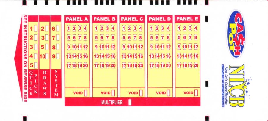 NLCB Cash Pot Playslip showing five panels A through E with number selection options