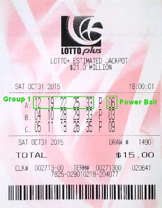Example of NLCB Lotto Plus ticket showing selected numbers and game details